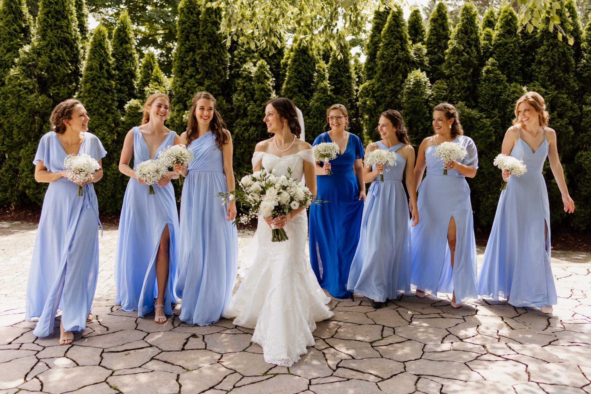 bride and bridesmaids in blue