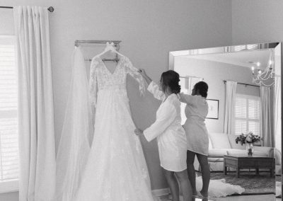 bride and dress in bridal suite
