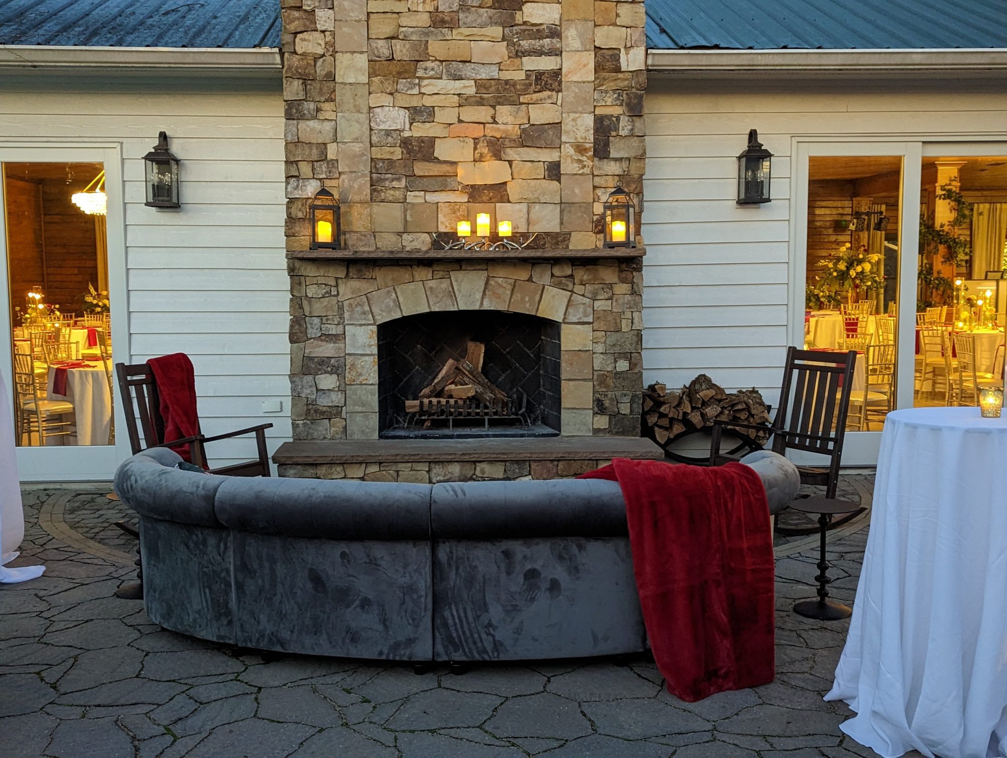 outdoor fireplace decorated for statcare holiday party